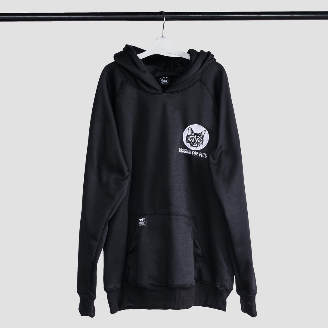 Buzo negro unisex con bordado de gato blanco