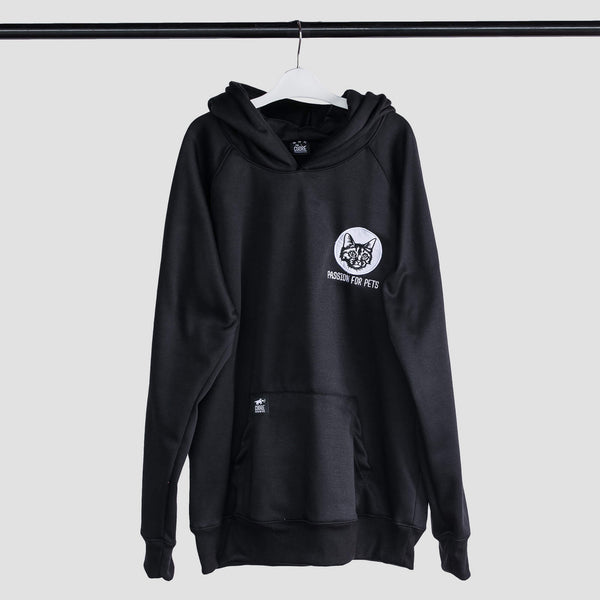 Buzo negro unisex con bordado de gato blanco