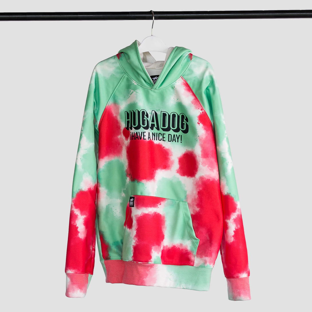 Buzo tie-dye verde y rojo unisex con estampado "Hug a dog"