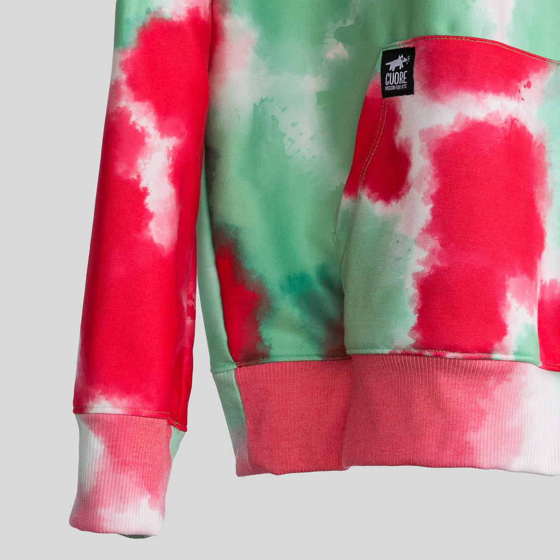 Buzo tie-dye verde y rojo unisex con estampado "Hug a dog"