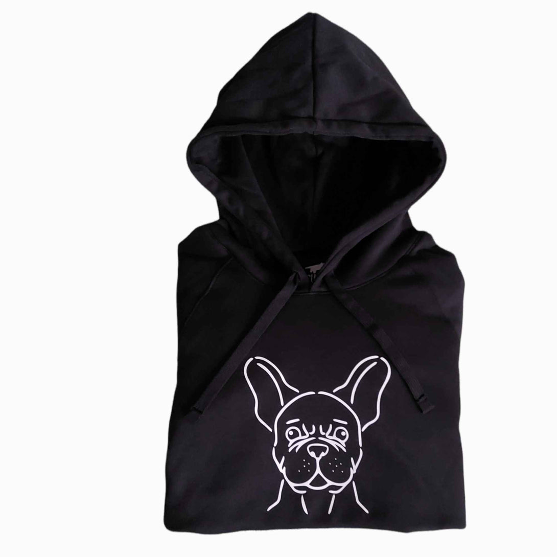 Buzo negro unisex con estampado de Bulldog Francés blanco